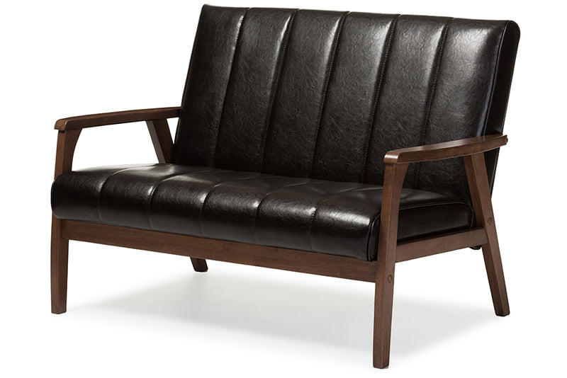 Ghina Mid-century Modern Scandinavian Style Dark Brown Faux Leather Wooden 2-Seater Loveseat