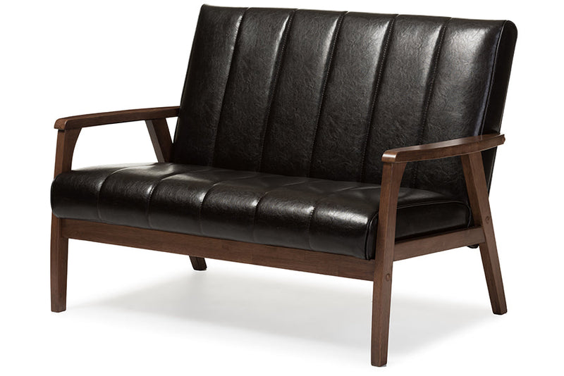 Ghina Dark Brown Faux Leather Wooden 2-Seater Loveseat Baxton