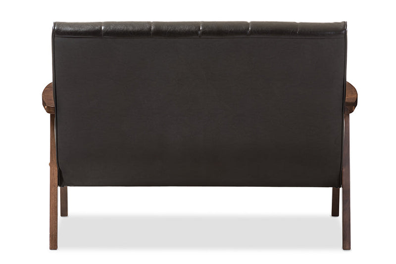 Ghina Dark Brown Faux Leather Wooden 2-Seater Loveseat Baxton