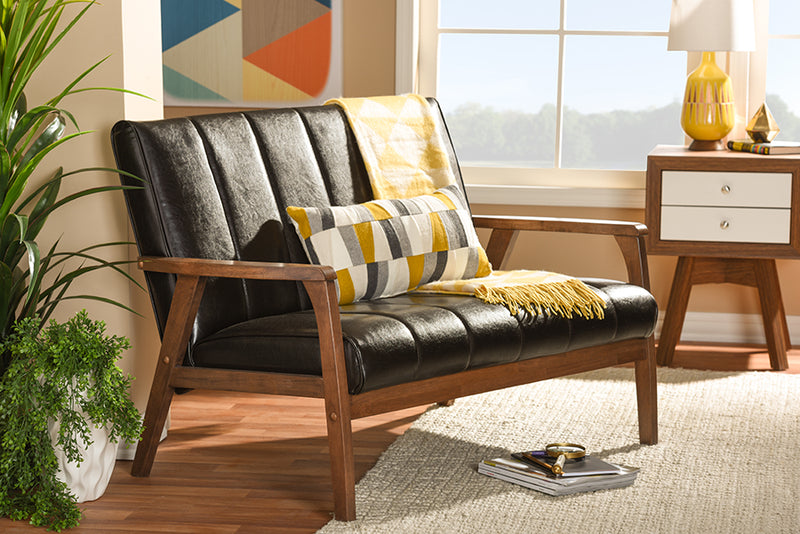 Ghina Mid-century Modern Scandinavian Style Dark Brown Faux Leather Wooden 2-Seater Loveseat