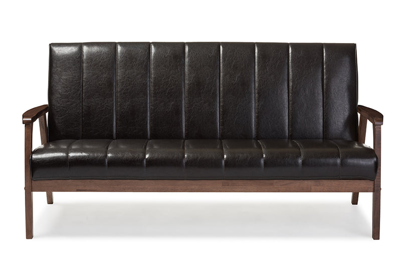 Ghina Mid-century Modern Scandinavian Style Dark Brown Faux Leather Wooden 3-Seater Sofa