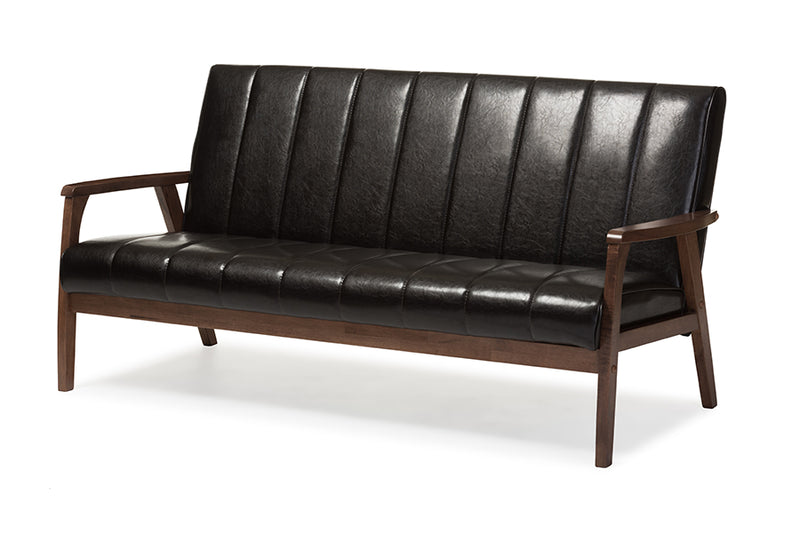 Ghina Mid-century Modern Scandinavian Style Dark Brown Faux Leather Wooden 3-Seater Sofa