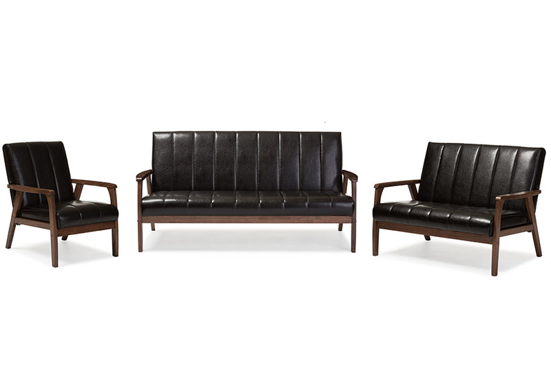 Ghina Mid-century Modern Scandinavian Style Dark Brown Faux Leather 3 Pieces Living Room Sets