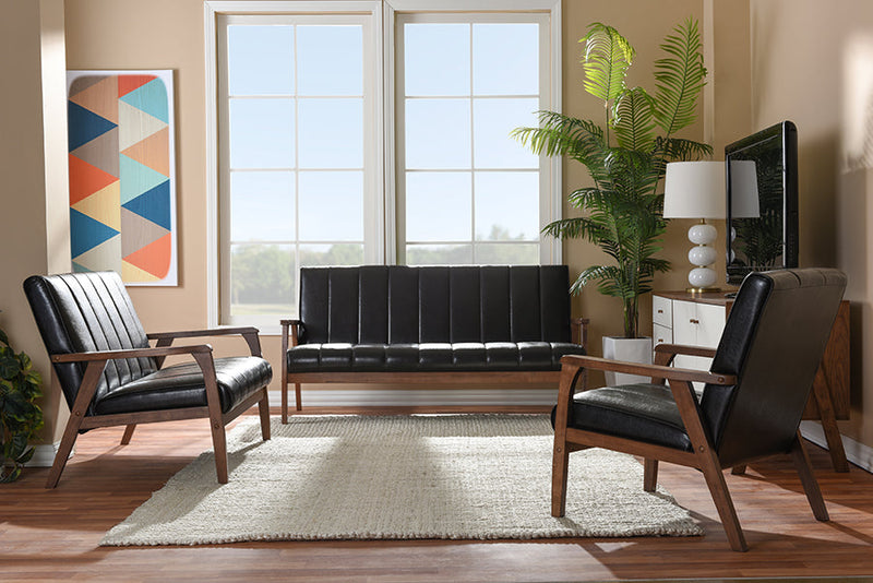 Ghina Dark Brown Faux Leather 3 Pieces Living Room Sets Baxton