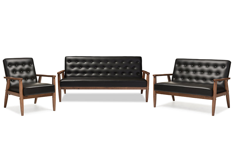 Kennedy Mid-century Retro Modern Black Faux Leather Upholstered Wooden 3 Piece Living room Set