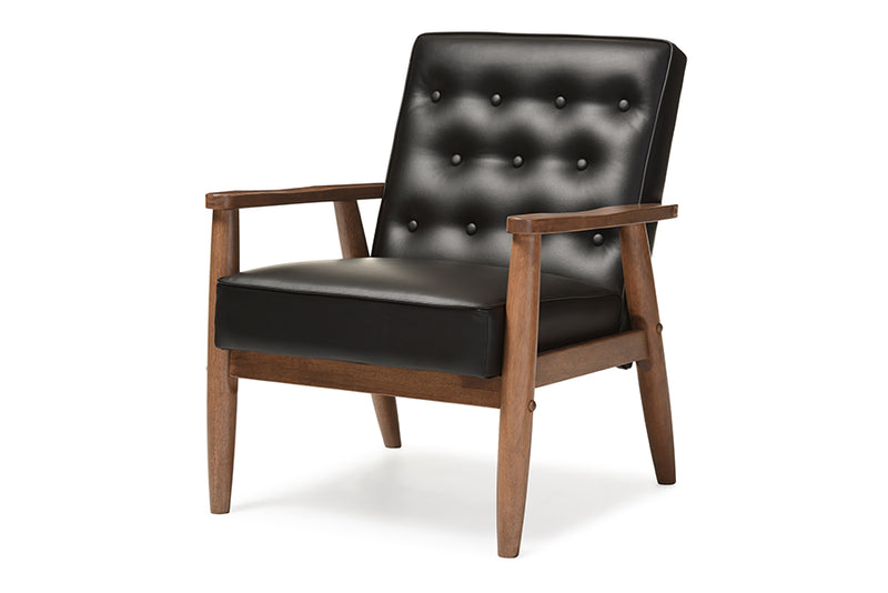 Kennedy Mid-century Retro Modern Black Faux Leather Upholstered Wooden Lounge Chair