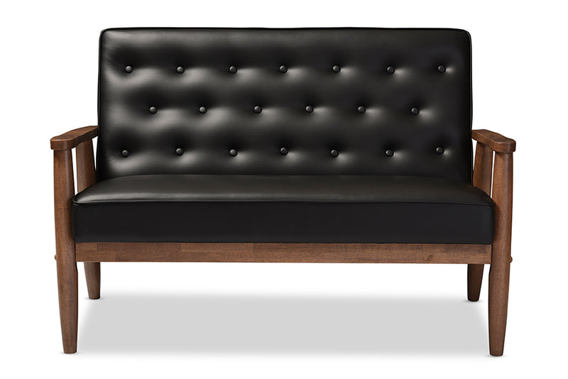 Kennedy Mid-century Retro Modern Black Faux Leather Upholstered Wooden 2-seater Loveseat