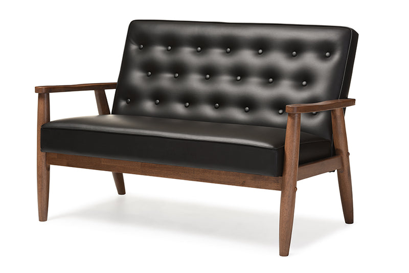 Kennedy Mid-century Retro Modern Black Faux Leather Upholstered Wooden 2-seater Loveseat