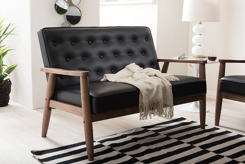 Kennedy Mid-century Retro Modern Black Faux Leather Upholstered Wooden 2-seater Loveseat