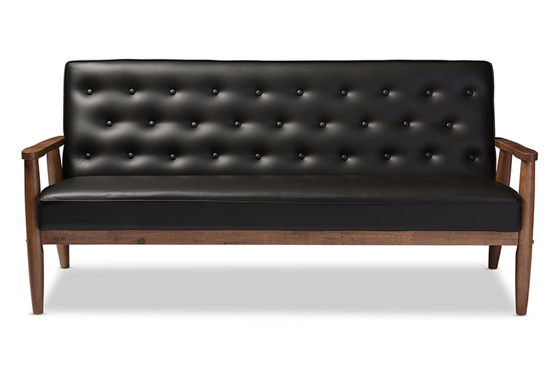 Kennedy Mid-century Retro Modern Black Faux Leather Upholstered Wooden 3-seater Sofa