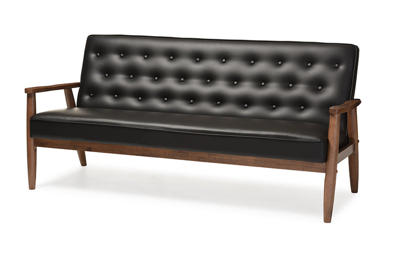 Kennedy Mid-century Retro Modern Black Faux Leather Upholstered Wooden 3-seater Sofa