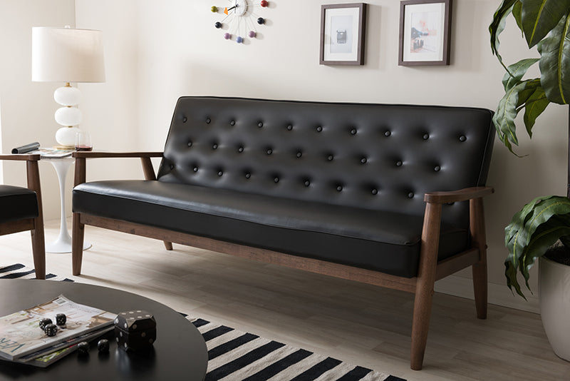 Kennedy Mid-century Retro Modern Black Faux Leather Upholstered Wooden 3-seater Sofa