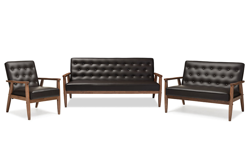 Kennedy Mid-century Retro Modern Brown Faux Leather Upholstered Wooden 3 Piece Living room Set