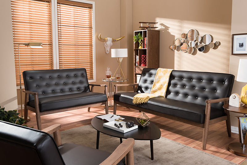 Kennedy Brown Faux Leather Upholstered Wooden 3 Piece Living room Set Baxton