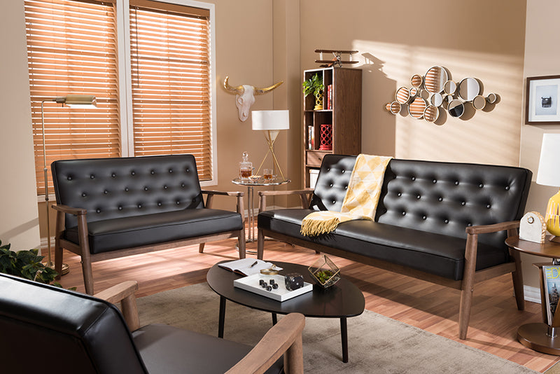 Kennedy Mid-century Retro Modern Brown Faux Leather Upholstered Wooden 3 Piece Living room Set