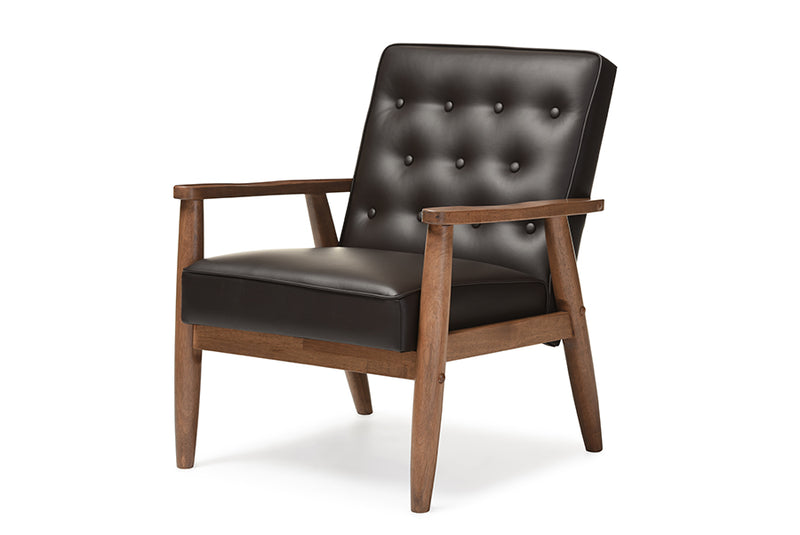 Kennedy Mid-century Retro Modern Brown Faux Leather Upholstered Wooden Lounge Chair