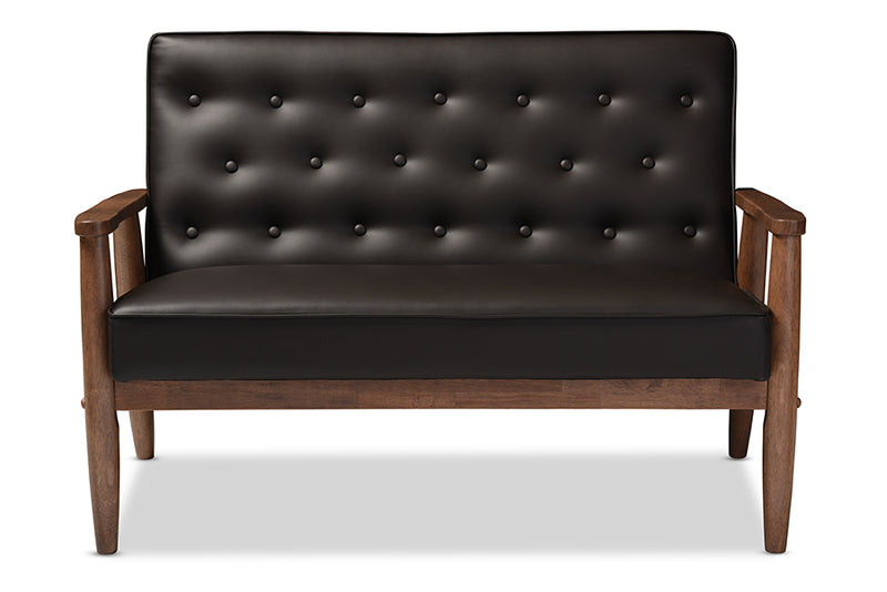 Kennedy Mid-century Retro Modern Brown Faux Leather Upholstered Wooden 2-seater Loveseat