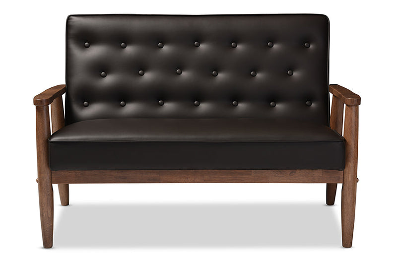 Kennedy Brown Faux Leather Upholstered Wooden 2-seater Loveseat Baxton