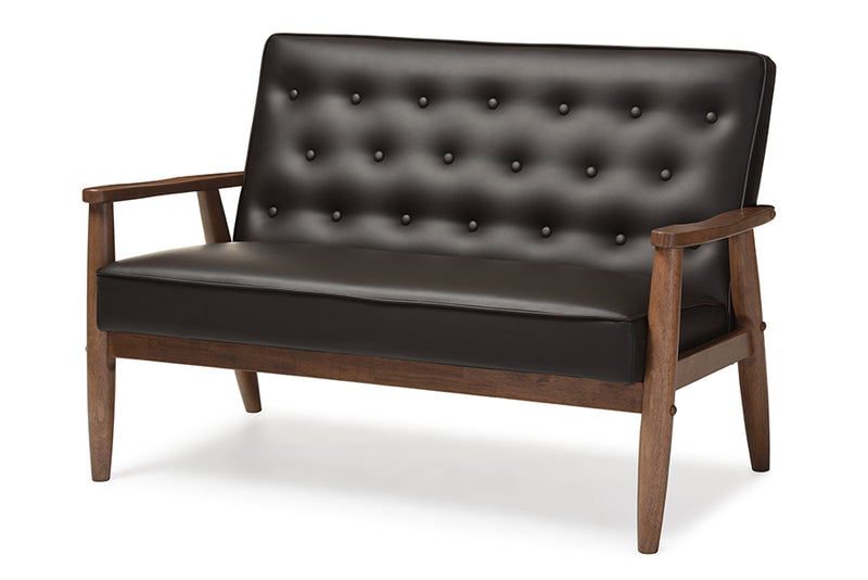 Kennedy Mid-century Retro Modern Brown Faux Leather Upholstered Wooden 2-seater Loveseat