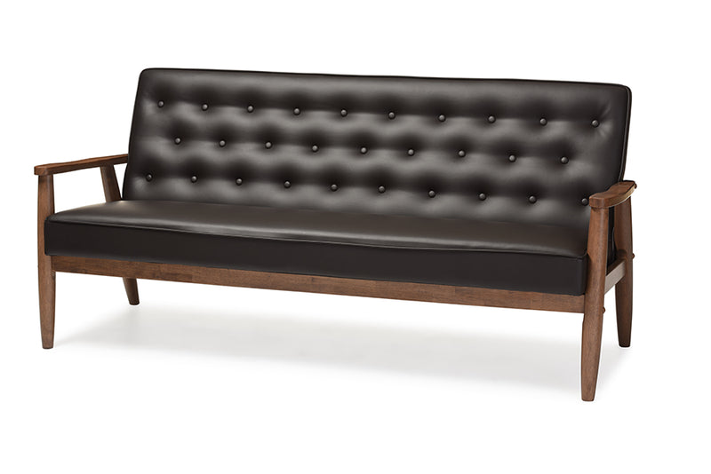 Kennedy Mid-century Retro Modern Brown Faux Leather Upholstered Wooden 3-seater Sofa