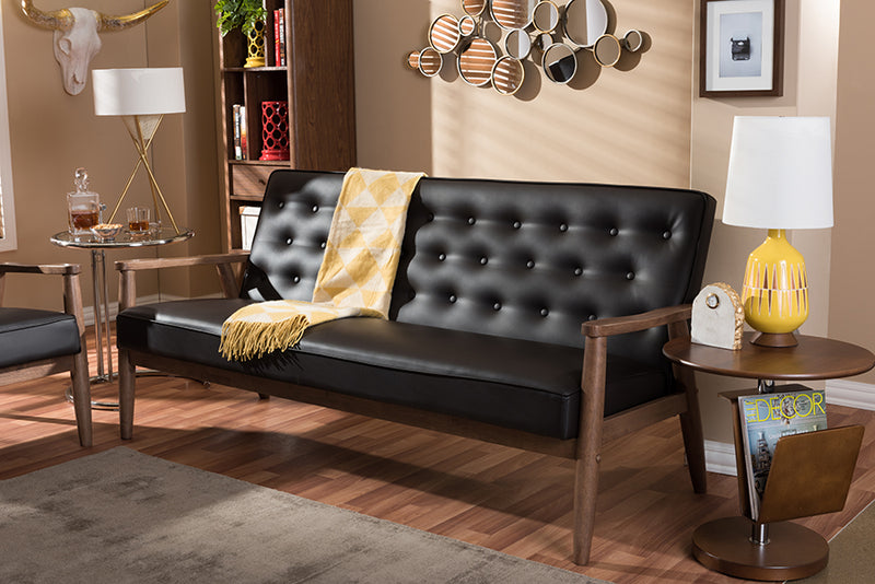 Kennedy Mid-century Retro Modern Brown Faux Leather Upholstered Wooden 3-seater Sofa