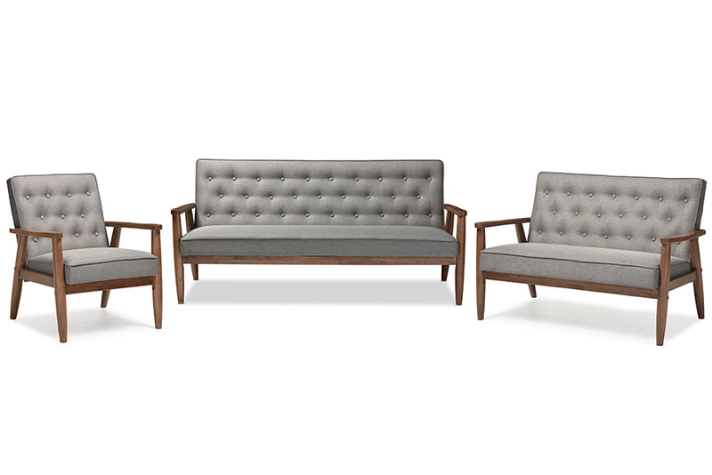 Kennedy Mid-century Retro Modern Gray Fabric Upholstered Wooden 3 Piece Living room Set