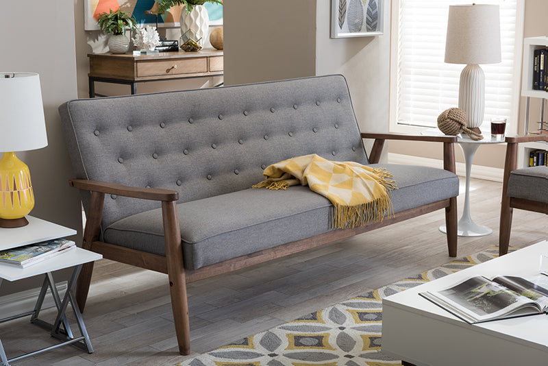 Kennedy Mid-century Retro Modern Gray Fabric Upholstered Wooden 3-seater Sofa