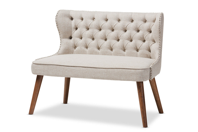 Tannis Mid-Century Brown Wood/Light Beige Fabric Button-Tufted 2-Seater Loveseat Settee