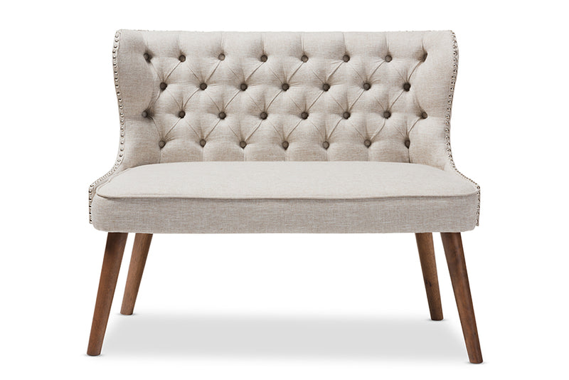 Tannis Mid-Century Brown Wood/Light Beige Fabric Button-Tufted 2-Seater Loveseat Settee