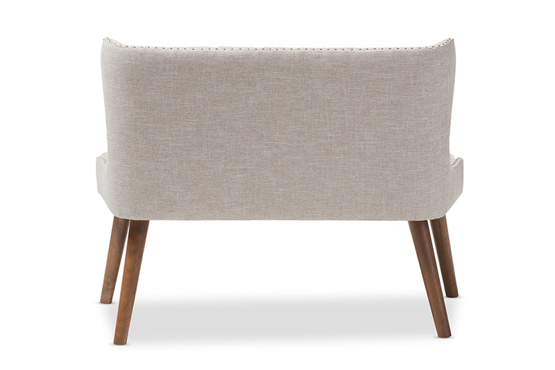 Tannis Mid-Century Brown Wood/Light Beige Fabric Button-Tufted 2-Seater Loveseat Settee