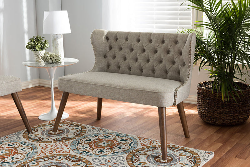 Tannis Brown Wood/Light Beige Fabric Button-Tufted 2-Seater Loveseat Settee Baxton