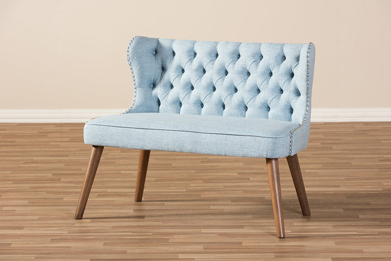 Tannis Brown Wood/Light Beige Fabric Button-Tufted 2-Seater Loveseat Settee Baxton