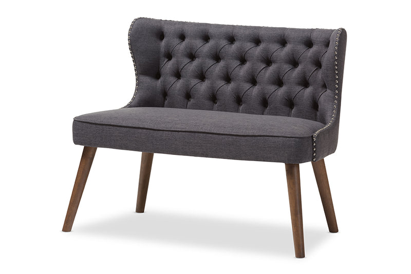 Tannis Mid-Century Brown Wood and Dark Gray Fabric Upholstered Button-Tufting 2-Seater Loveseat Settee