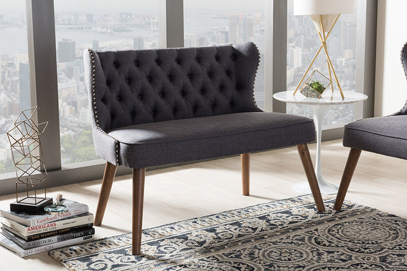 Tannis Brown Wood and Dark Gray Fabric Button-Tufting 2-Seater Loveseat Settee Baxton