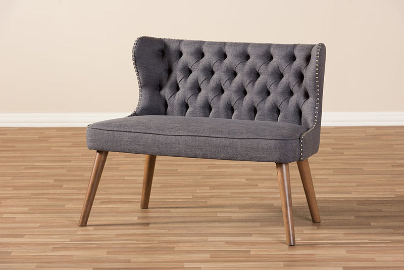 Tannis Brown Wood and Dark Gray Fabric Button-Tufting 2-Seater Loveseat Settee Baxton