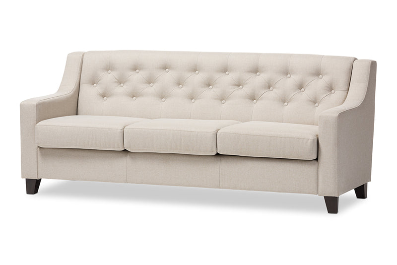 Raelynn Modern and Contemporary Light Beige Fabric Upholstered Button-Tufted Living Room 3-Seater Sofa