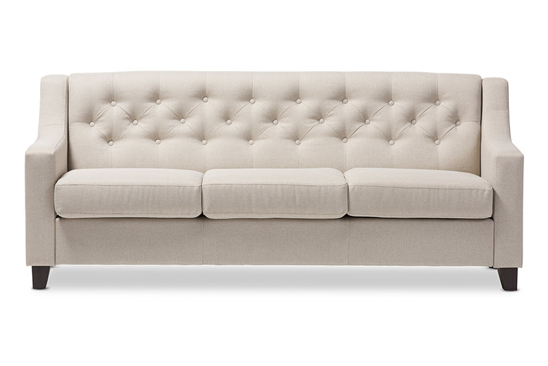 Raelynn Modern and Contemporary Light Beige Fabric Upholstered Button-Tufted Living Room 3-Seater Sofa