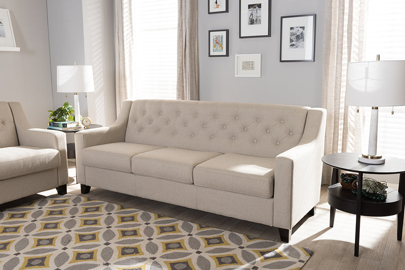 Raelynn Modern and Contemporary Light Beige Fabric Upholstered Button-Tufted Living Room 3-Seater Sofa