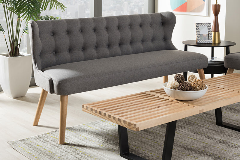 Graham Mid-Century Modern Gray Fabric and Natural Wood Finishing 3-Seater Settee Bench