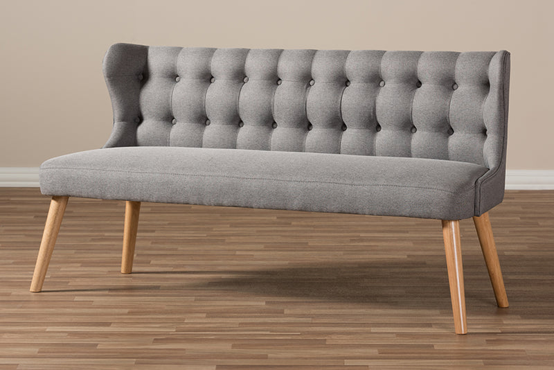 Graham Mid-Century Modern Gray Fabric and Natural Wood Finishing 3-Seater Settee Bench