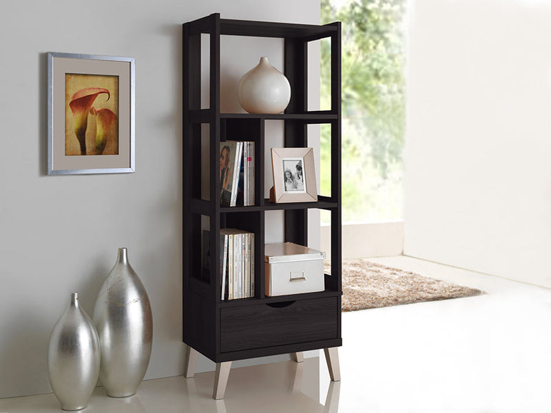 Honore Dark Brown Wood Leaning Bookcase w/Display Shelves and One Drawer Baxton