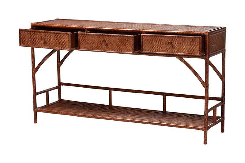 Brock Marbled Tortoise Natural Rattan 3-Drawers Console Table