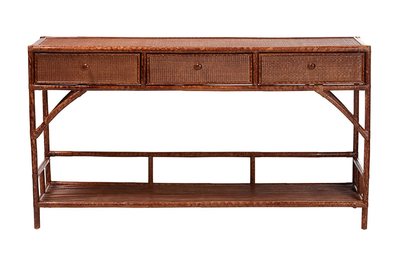 Brock Marbled Tortoise Natural Rattan 3-Drawers Console Table