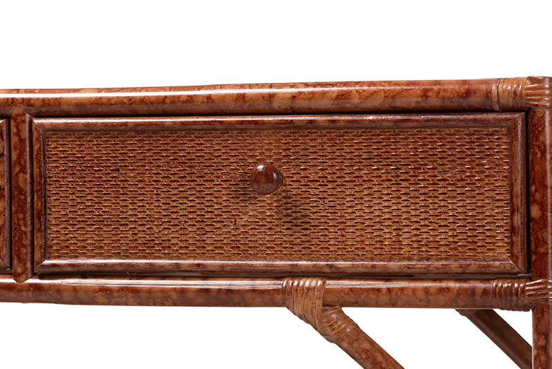Brock Marbled Tortoise Natural Rattan 3-Drawers Console Table