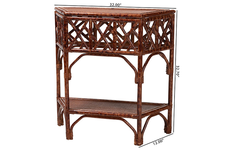 Casper Marbled Tortoise Natural Rattan Console Table with Chippendale Design