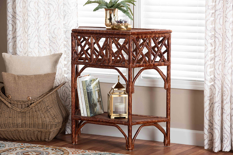 Casper Marbled Tortoise Natural Rattan Console Table with Chippendale Design