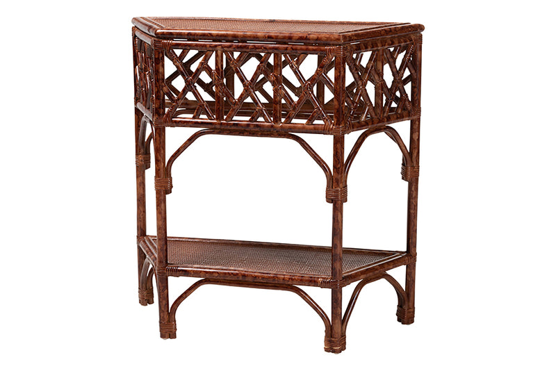 Casper Marbled Tortoise Natural Rattan Console Table with Chippendale Design