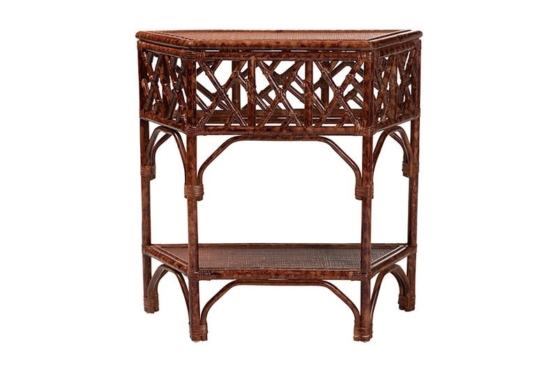 Casper Marbled Tortoise Natural Rattan Console Table with Chippendale Design