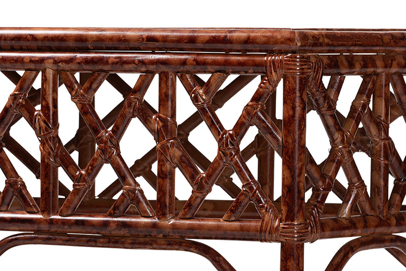Casper Marbled Tortoise Natural Rattan Console Table with Chippendale Design