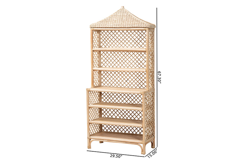 Sherwin 6-Tier bookcase with Pagoda Top, Natural Rattan Display Shelf